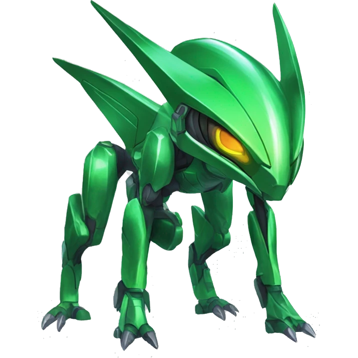 a shiny green Genesect-Raptor-Fakémon—hybrid with a futuristic visor-helmet full body emoji