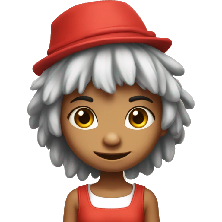 The girl character is a cute and funny troll, the logo is simple. The character has a hat on his head, big ears and pretty red eyes. Her hair is red, lush and round. She is wearing a Karelian sundress. emoji