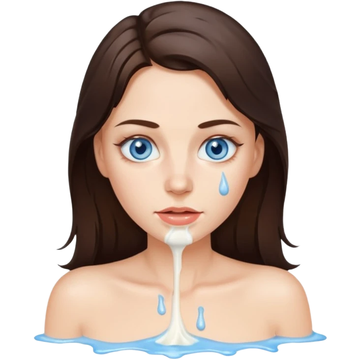 Brunette woman with blue eyes, with big naked tits with nipples, with dripping milk on her face emoji