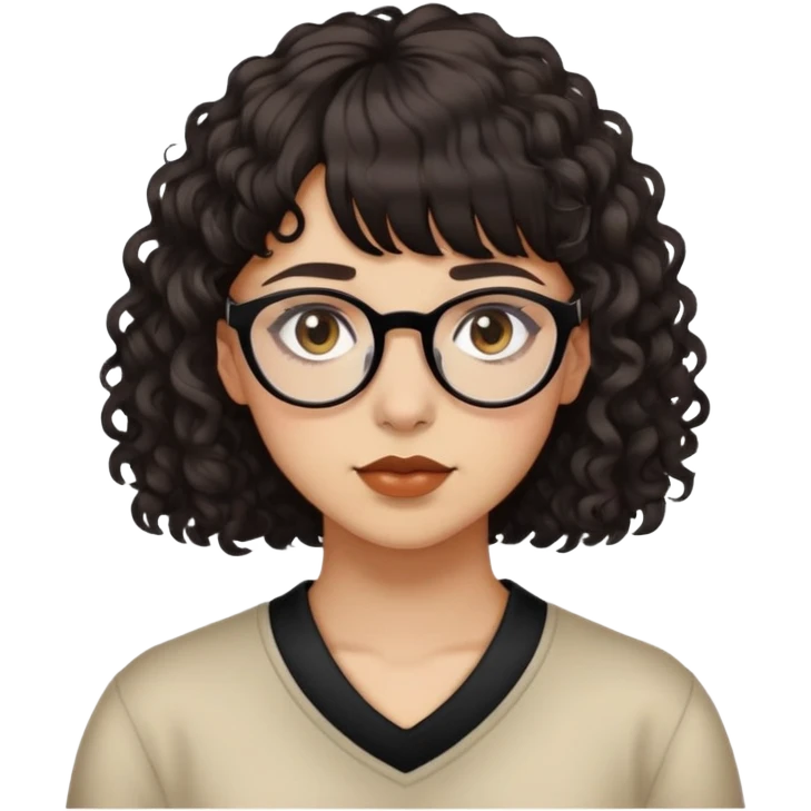 Very Light tan skin, woman/non-binary, piercings, deep brown eyes, curly very dark brown neck length hair with bangs. Glasses. Alternative.   emoji