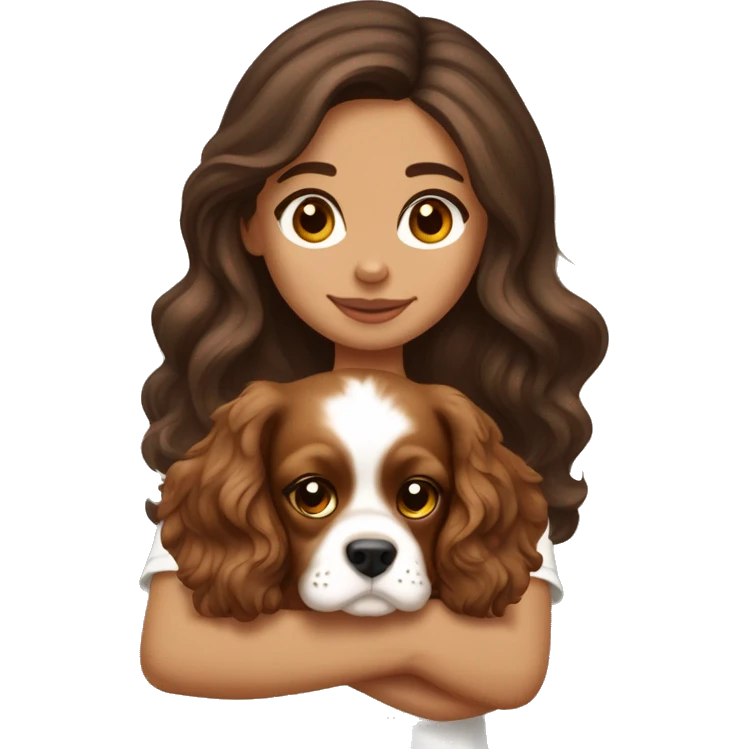 Tanned brunette long wavy hair girl holding a cute cavalier spaniel puppy with short ears wavy fur emoji