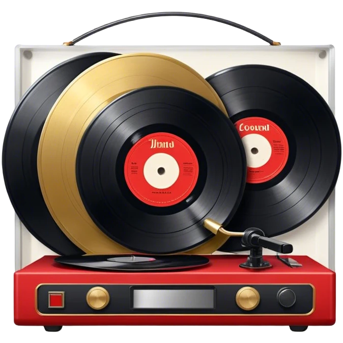 Icon for Vinyl Record Collecting: large black, golden and red vinyl records in decorative packaging featuring artist images, neatly arranged on a wall or shelf, modern vinyl record player. The icon should reflect the aesthetic and artistic aspect of collecting vinyl records. Transparent background. emoji