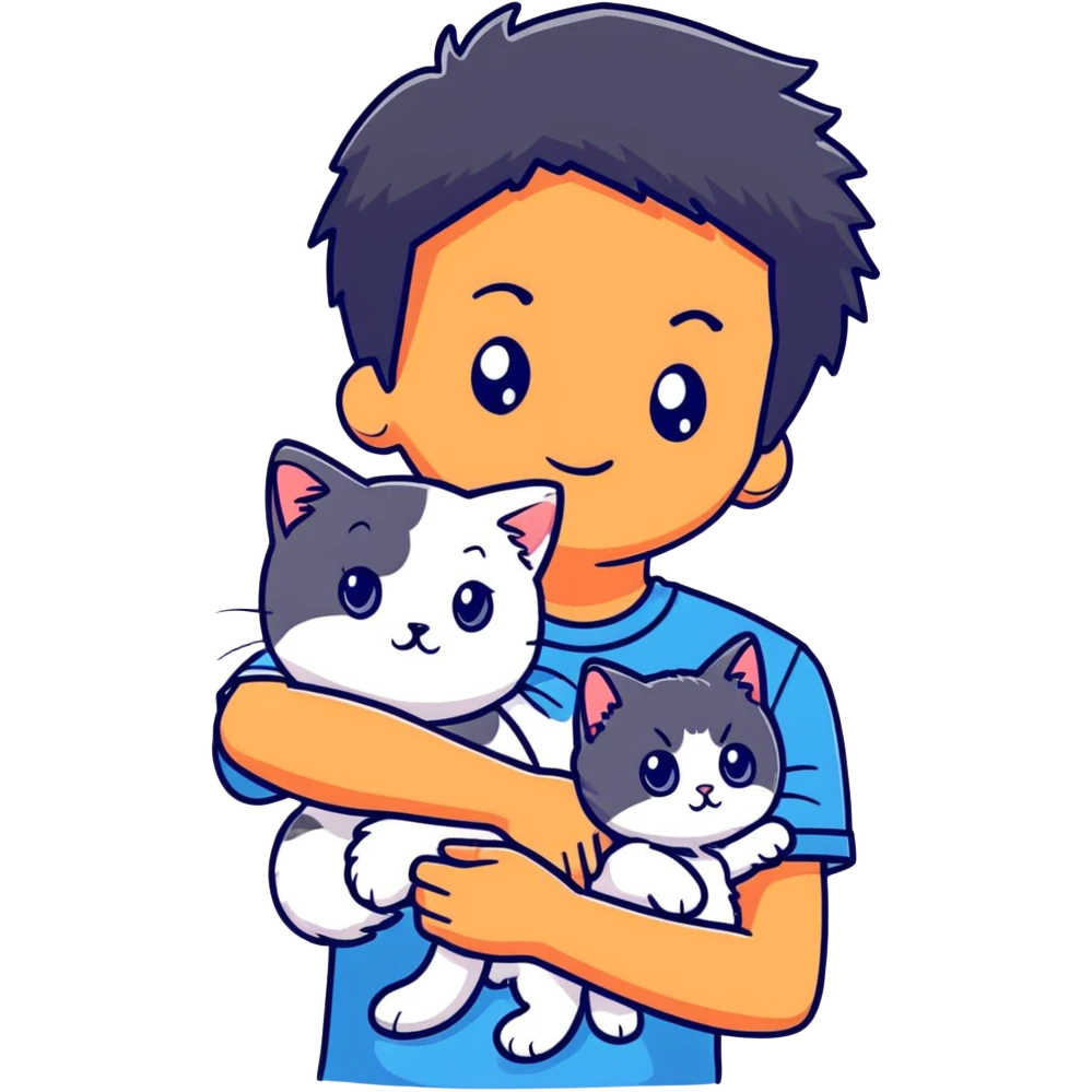 teenage boy with black hair wearing blue short sleeve shirt holding a white ragdoll cat emoji