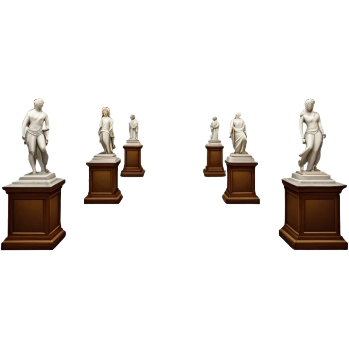 An icon featuring an elegant art gallery with classic paintings hanging on the walls, and sculptures displayed on pedestals. Visitors admire the exhibits, capturing the essence of culture, history, and art. Set against a transparent background. emoji