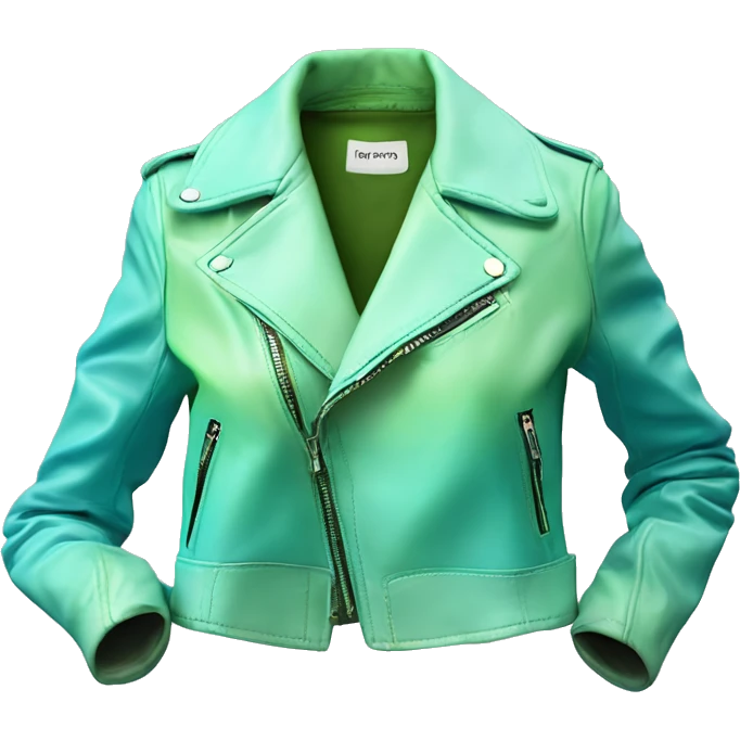 Hyper Realistic side view of an open tiffany blue ,pistachio green,sky blue and mint green ombre feminine fashion leather jacket. emoji
