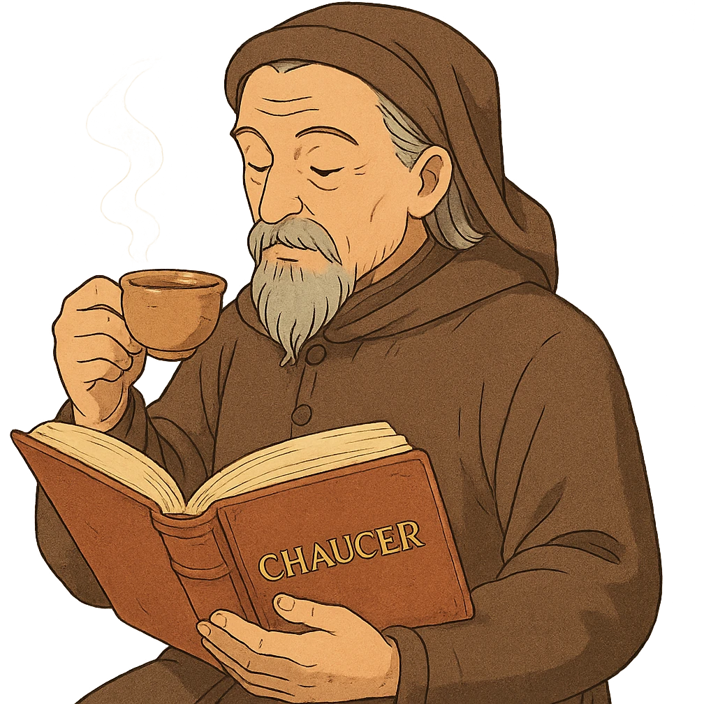 Chaucer reading a book and drinking tea, detailed, warm colors, ghibli style emoji