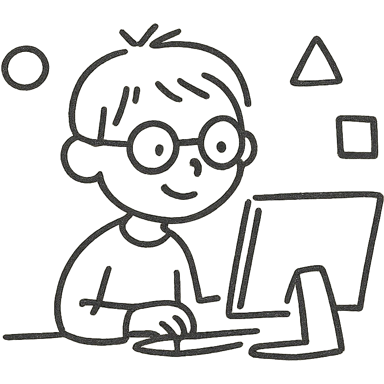 minimalist child programmer, abstract shapes, sitting at computer emoji
