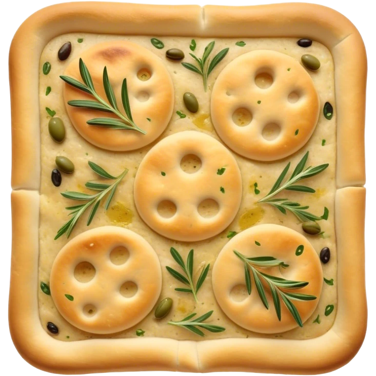 Focaccia Cinematic Realistic Focaccia Bread Dish Emoji, depicted as a golden, olive-oil brushed flatbread sprinkled with herbs, rendered with lifelike textures and warm, inviting lighting. emoji