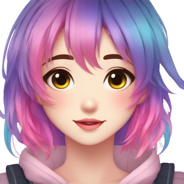 Gorgeous anime style shojo character with blushing face aesthetic and pretty colorful shiny gradient neon hair with hair garment trending style emoji