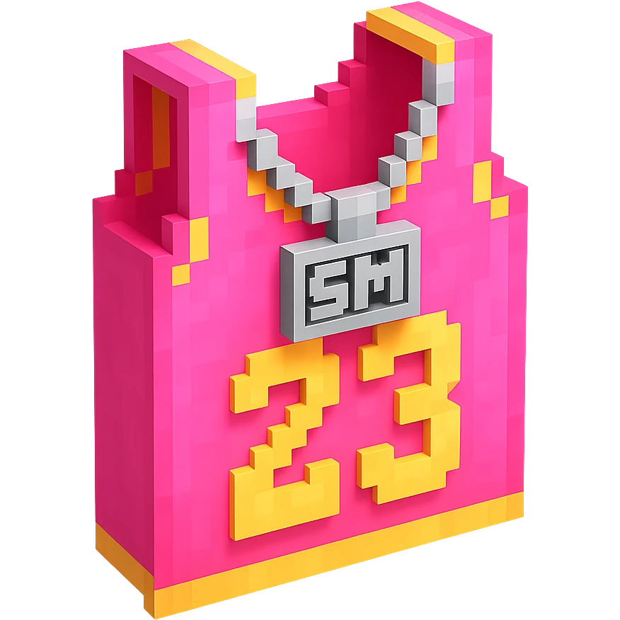 светящейся розовая баскетбольная майка с надписью "23" и серебряная цепь с надписью "SM", no background emoji