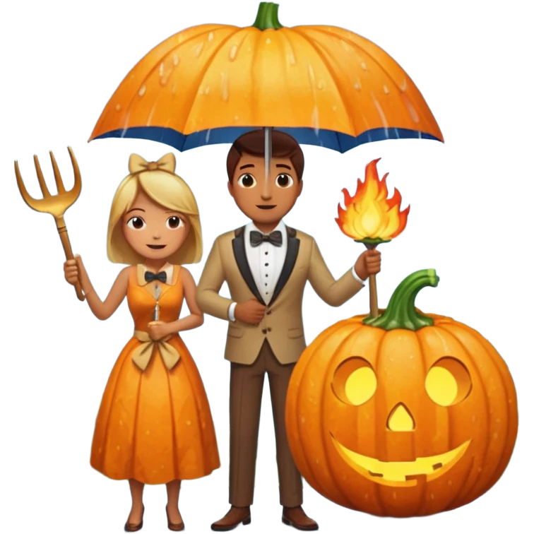 Make a guy hugging a giant pumpkin with a fork in his right hand while there's fire while there's a lady watching while it's raining while there's an umbrella on the ground that's alive and the sun has a bow tie on his neck emoji
