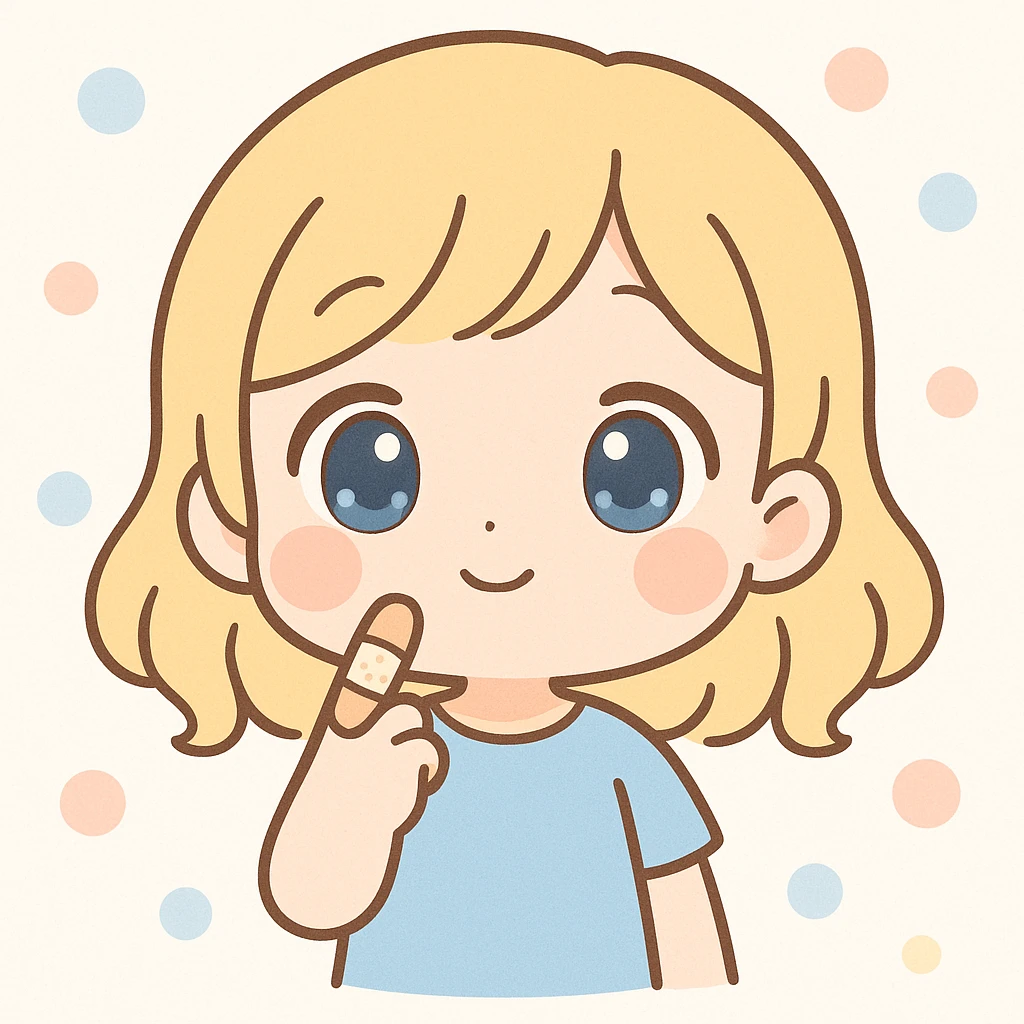 blonde-haired, blue-eyed, fair-skinned girl with a bandaged index finger, finger on chin, thinking, kawaii chibi style emoji