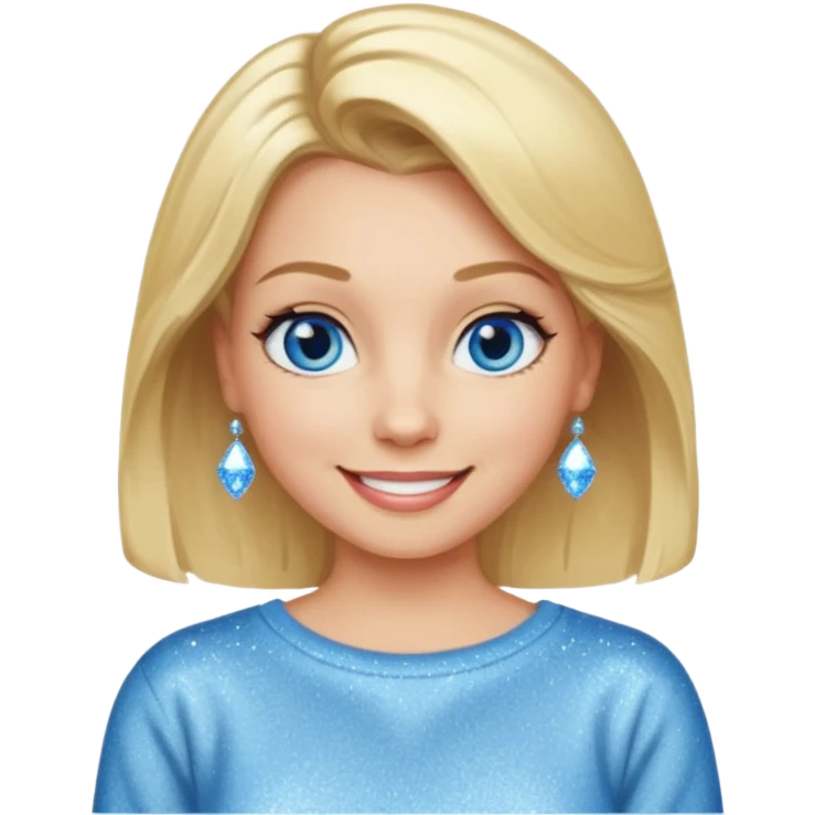 make this real, blond, hair below shoulder, blue eyes, 50s, sparkle in the eyes, fun, smile, no earrings, relaxed style, sweats or jeans emoji