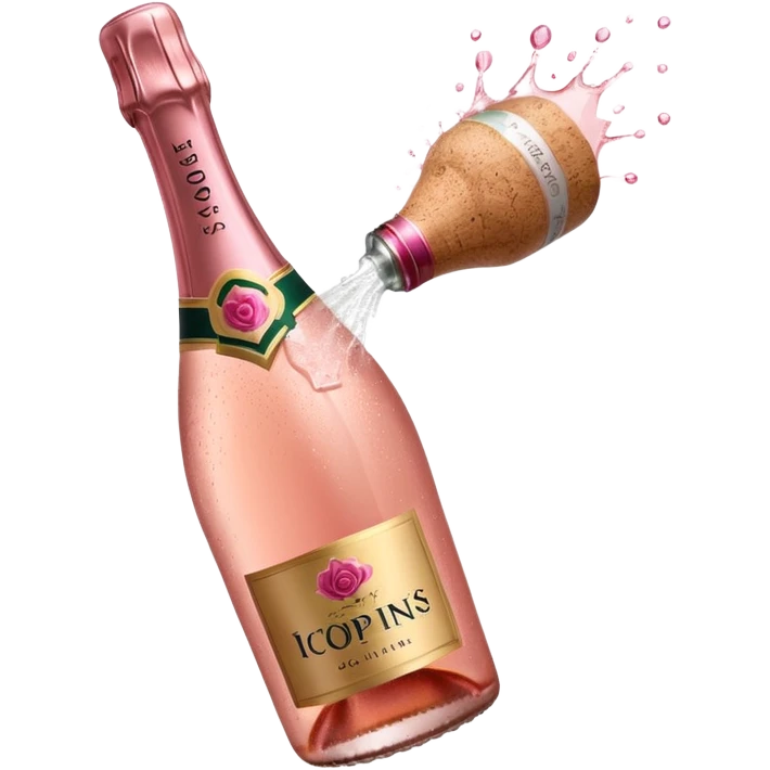 bottle of sparkling rosé champagne with a rose logo on the label, with the cork popping out, tilted up and to the left, no glass emoji