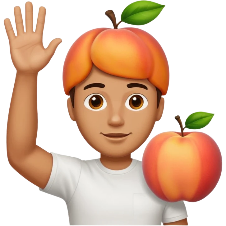 A large peach in front of a man waving emoji