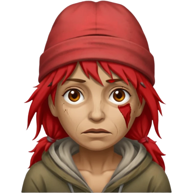 very dirty looking homeless woman with ripped red hat with ugly hair emoji
