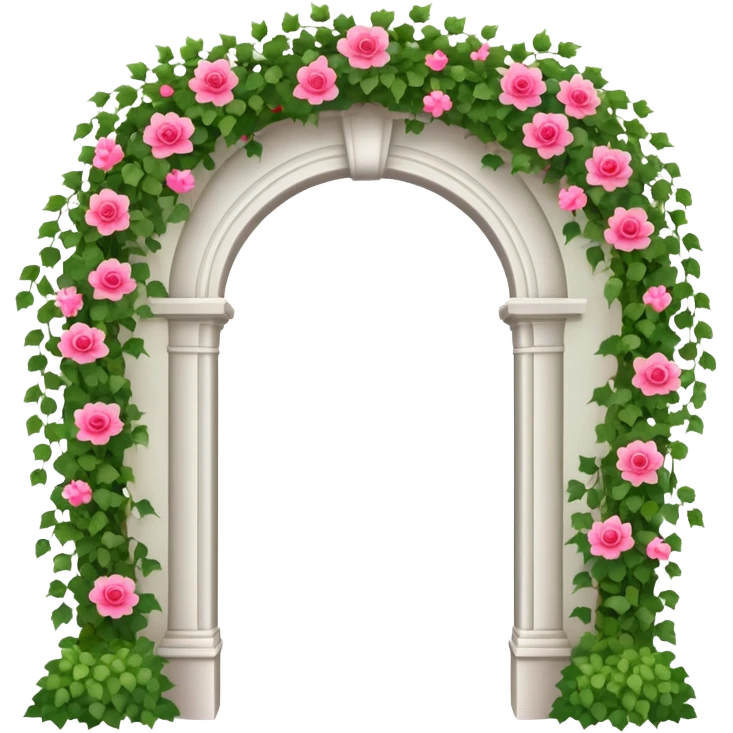 White tall archway with vines, ivies, and romantic pink and red flowers  emoji