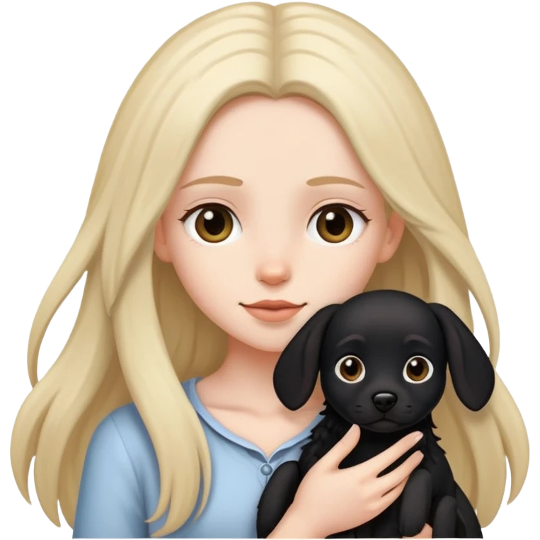 A long-haired girl holding a black dog with erect ears emoji