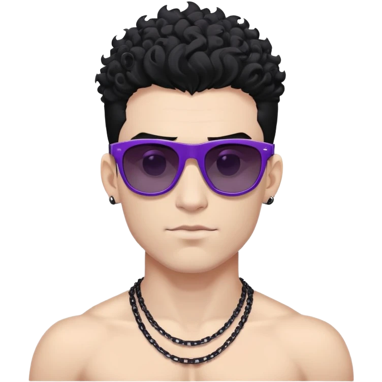 shirtless male athlete with white skin and moderately curly black hair on top with shaved sides, wearing purple sunglasses with very dark heavily tinted black lenses, and a simple plain black chain necklace with absolutely no pendant or decoration emoji