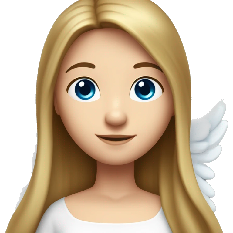 Caucasian brunette angel with long straight hair, dimples, big blue eyes, golden hoop halo over head and wings on back emoji