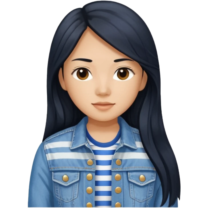 Teresa Li in black long hair, wearing blue and white striped shirt and denim jacket  emoji