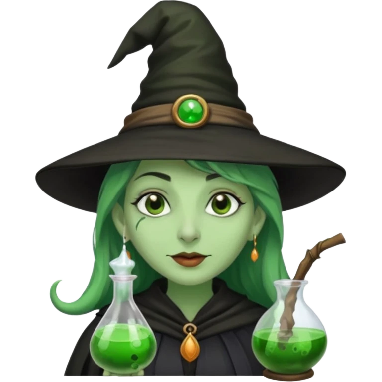 Witch with Green Skin – long-nosed witch in black hat holding potion emoji