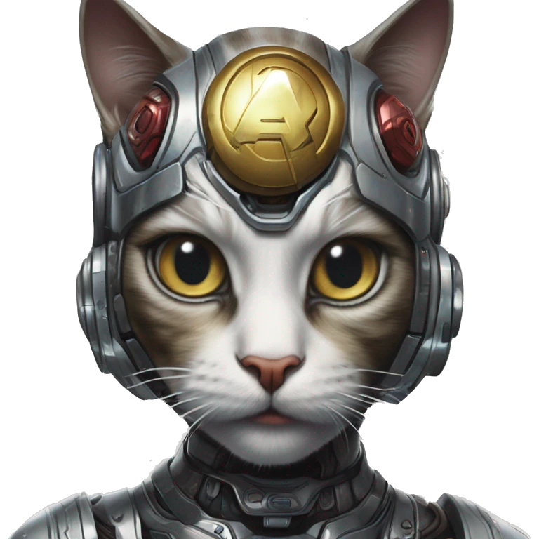 Cyborg cat in Marvel Avengers style, oil paint, mysterious eyes, intricate lips, masterpiece portrait , odd perspective, beautiful, desirable, logical emoji