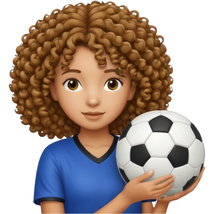 Chica con cabello rizado y con una pelota de futbol en las manos emoji