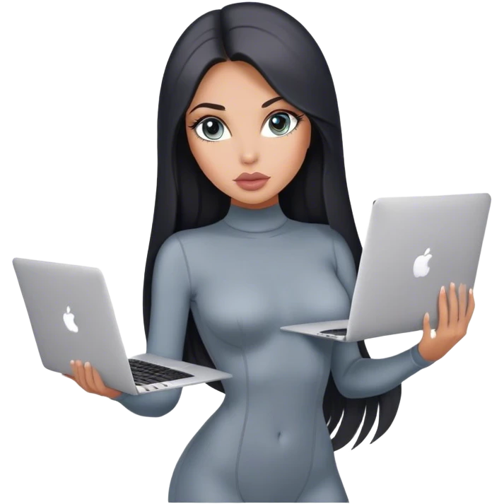 Glamours, tanned, very beautiful girl, with big pump peach-beige-rose lips, black straight smooth silky long hair, straight parting, blue-grey eyes, in grey bodysuit holding MacBook emoji