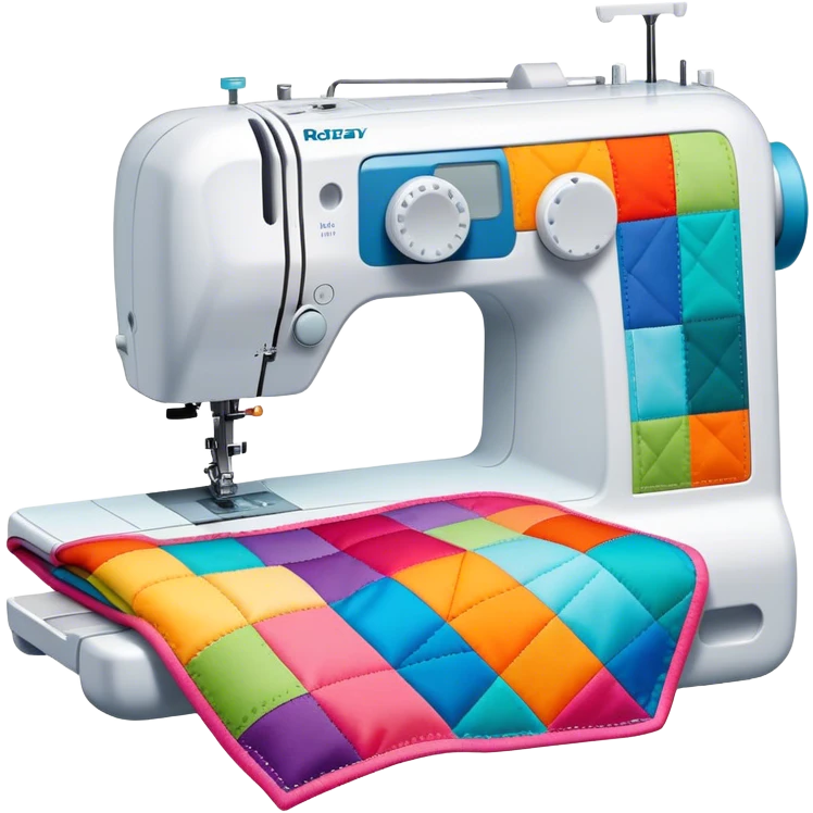 Patchwork and quilting icon, colorful fabric patches sewn together in a quilt pattern, sewing needle and thread, quilting tools like rotary cutter or quilting hoop, minimalistic style, clean lines, transparent background. emoji