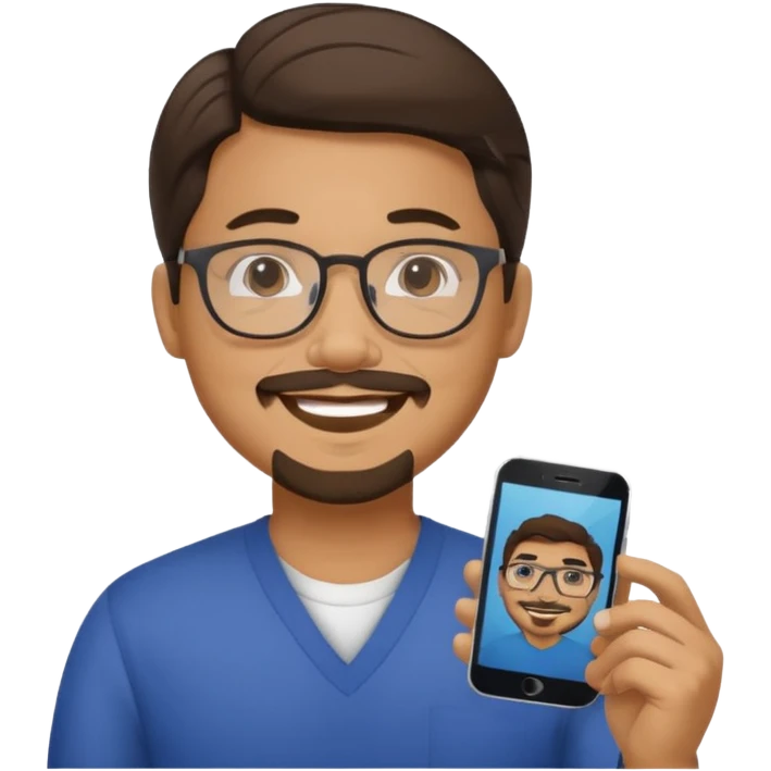 Filipino male, with goatie, wearing glasses, medium wavy length hair,  emoji