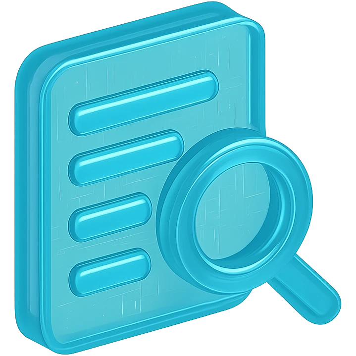Minimalist icon of a magnifying glass over a list with highlighted words, cyan blue emoji