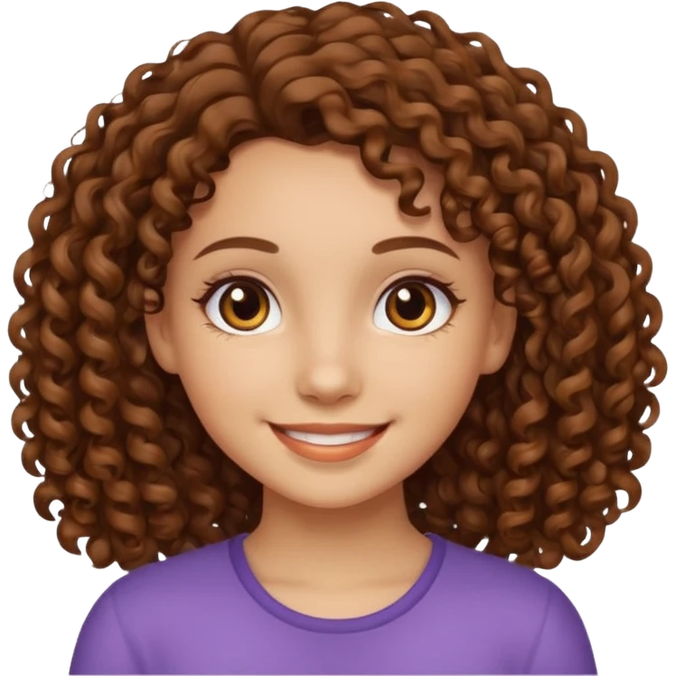 chica con piel clara sonriendo, ojos marrones y pelo marrón con rulos emoji