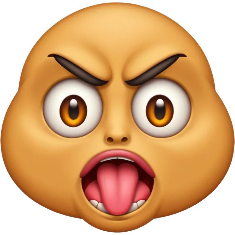 A face emoji with its tounge out but the eyes are evil and kind of crazy and the eyebrows are turned I emoji
