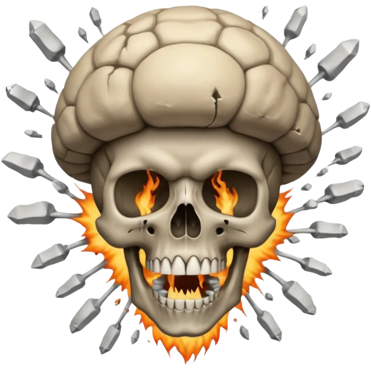 

Skull exploding into a mushroom cloud; cracks/fractures surround the blast. Detached lower jaw hangs loose with visible teeth. emoji