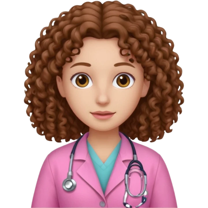 médica, cabelo castanho, pele branca, cabelo cacheado, cabelo comprido, roupa rosa emoji