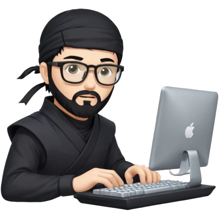 Man with black hair and beard wearing glasses in a ninja costume typing on a computer keyboard emoji