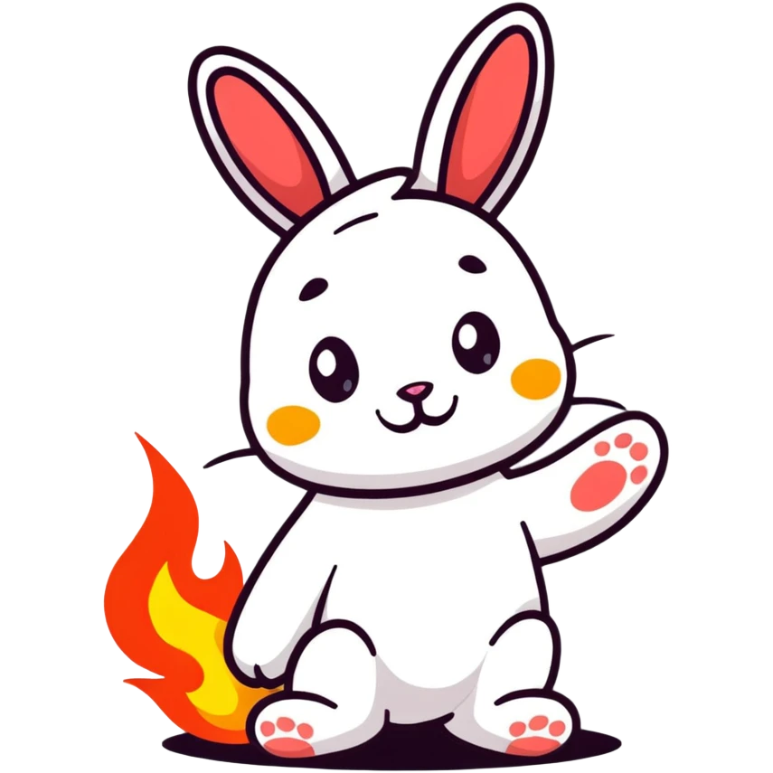 Adorable bunny with fire paws, flames burning from feet, cute happy face emoji