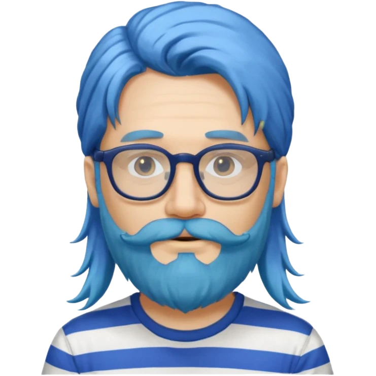 man with long blue hair, glasses, and a long beard and wearing a striped t-shirt emoji