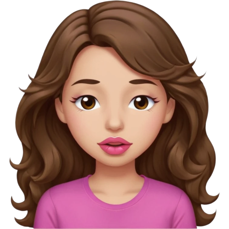 girl with long wavy brown hair, brown eyes, light to medium complexion, in a pink shirt, pink lips, long lashes, puckering lips kissing, winking with one eye closed emoji
