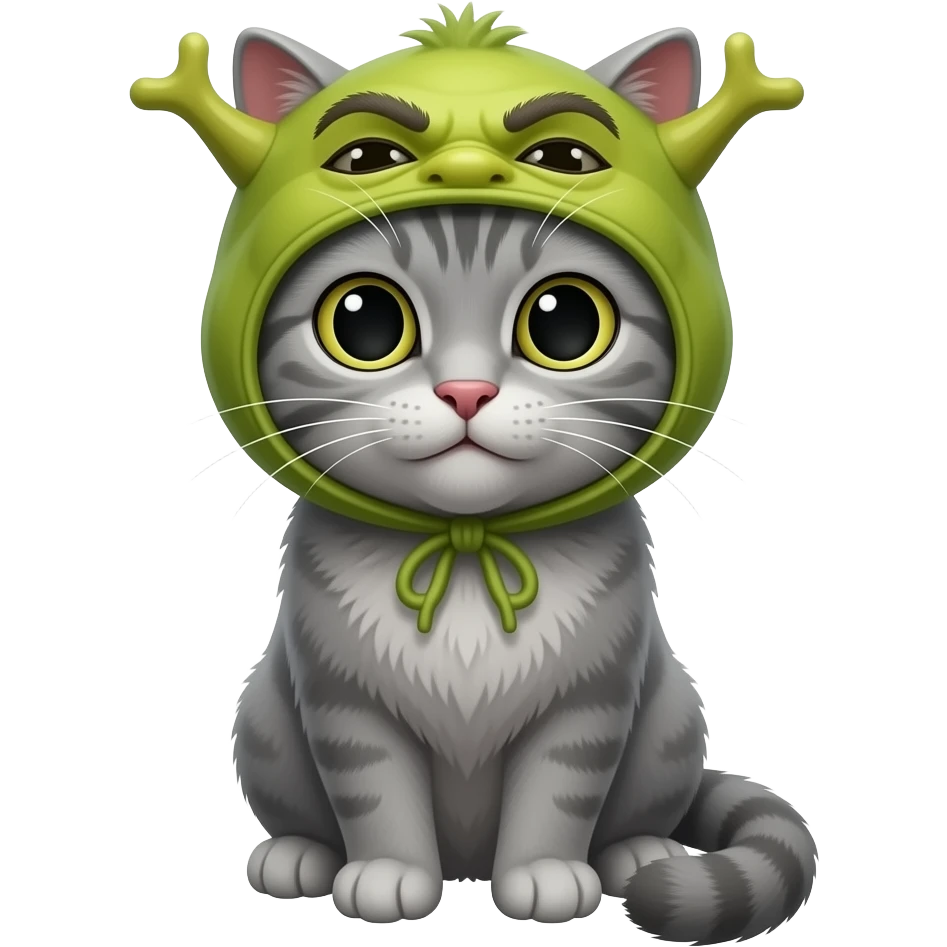 a grey cat with a shrek-ears hat emoji