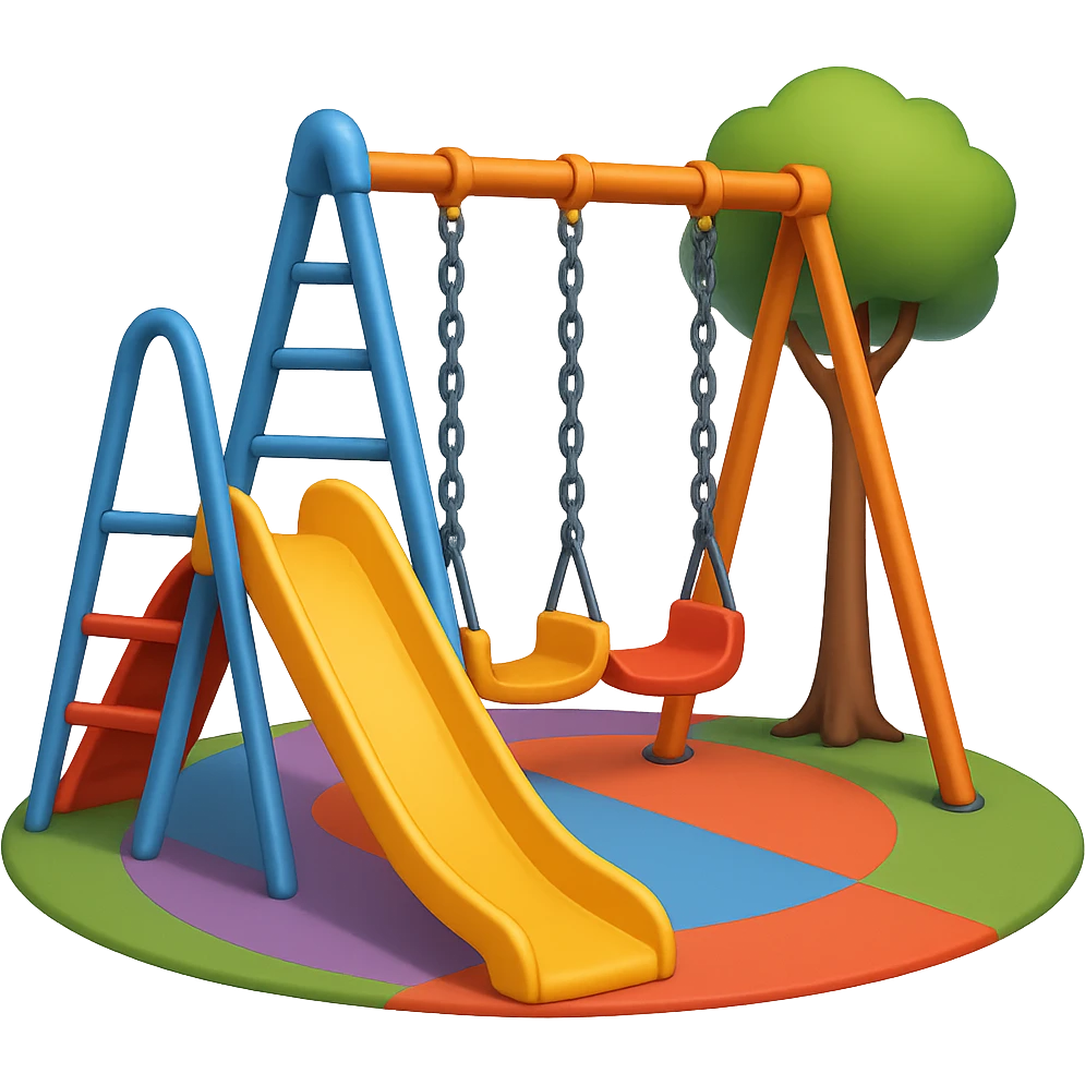 Add subtle shading and small accents to the playground elements to enhance detail while keeping the frame minimal with one slide. The playground floor should be colorful and round. The style should emulate emoji style with no background. emoji