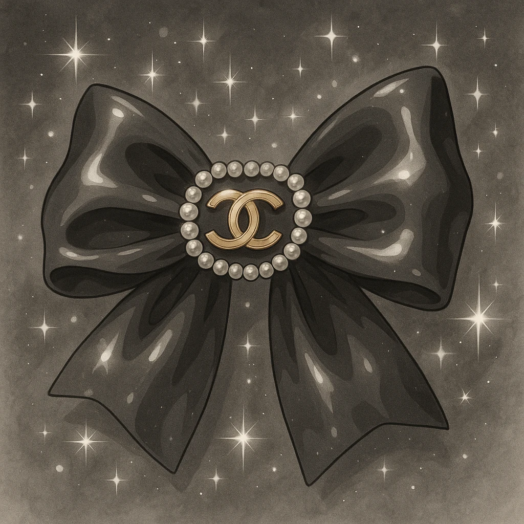 elegant bow with pearls and gold Chanel logo, sparkling effects, glossy, monochrome emoji