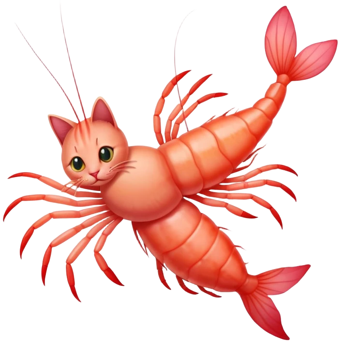 A pink shrimp with a cat's head, shrimp body and tail with cat face emoji