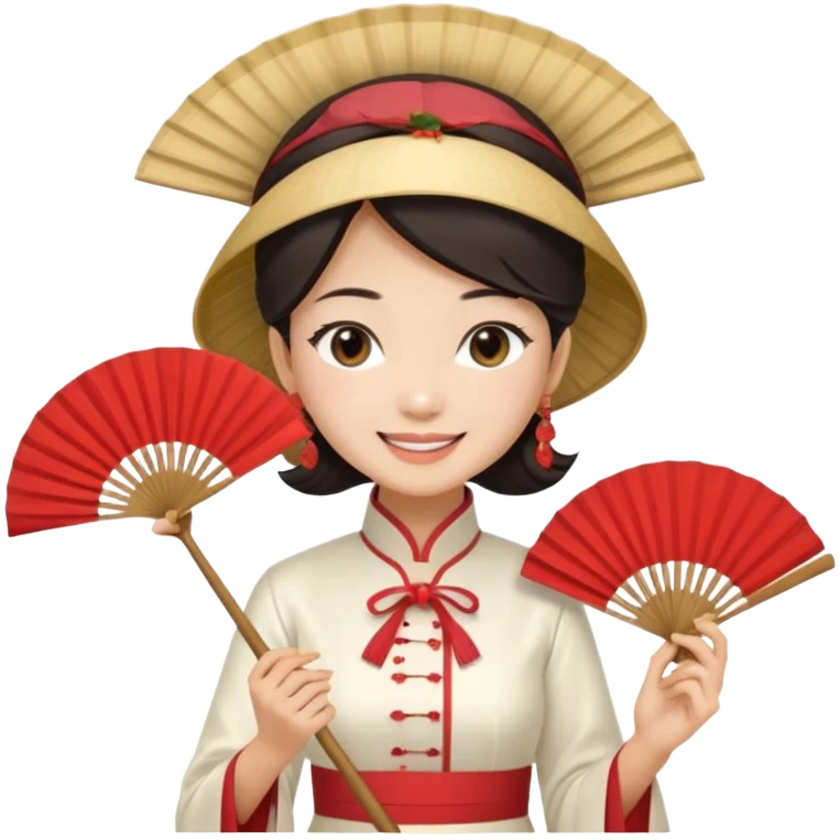 a vietnamese woman wearing a white ao dai holding a folding fan elegantly, wearing a nón lá emoji