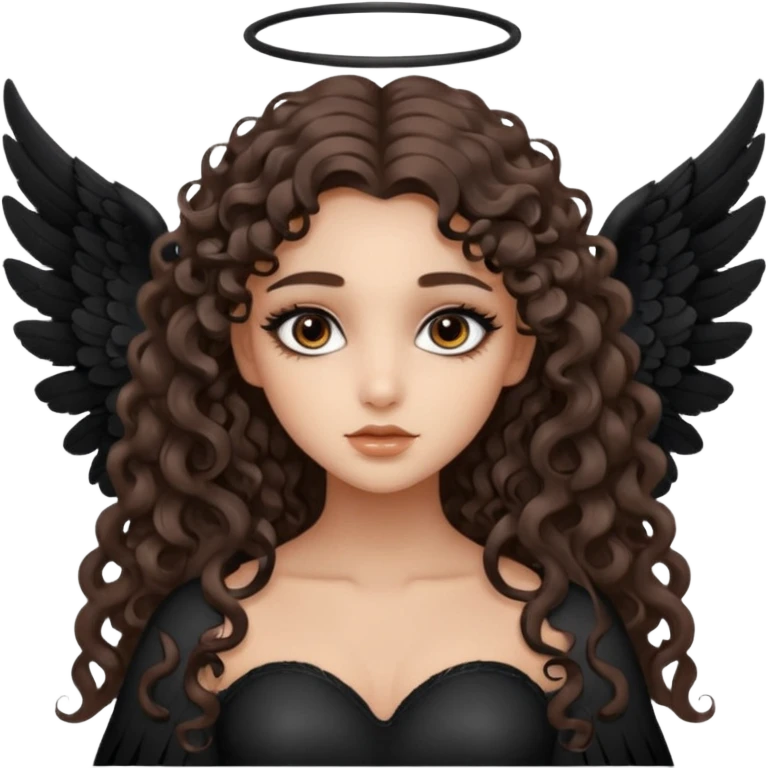 A girl has brown eyes with smoky eyes, brown long curl hair, wearing big black angel wings emoji