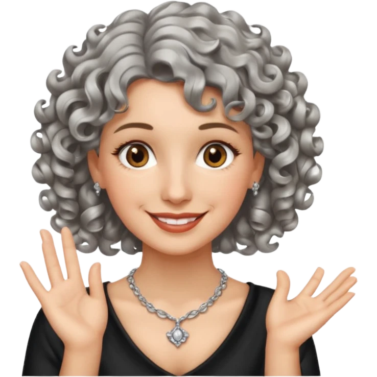 silver, short, wavy-haired with curls, smiling pretty lady, brown/hazel eyes, fingers crossed on right hand

 emoji