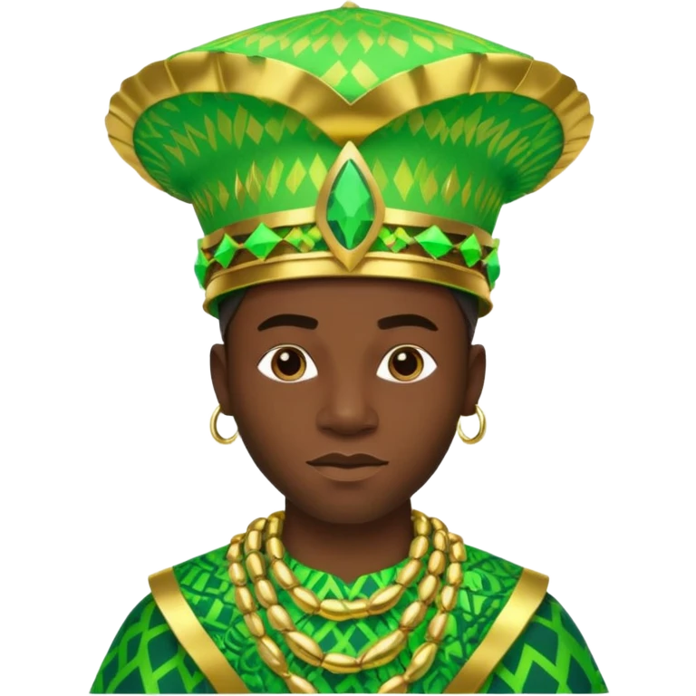 Create me an emoji of a cool Young Nigerian king wearing a neon green gradient African patterns with metallic "hula hat" (a Nigerian-inspired hat).  emoji