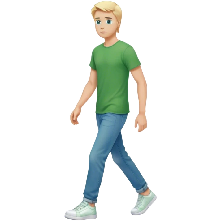 A cinematic realistic blond man with blue eyes, dressed in wide jeans, a green T-shirt and white sneakers, is walking emoji