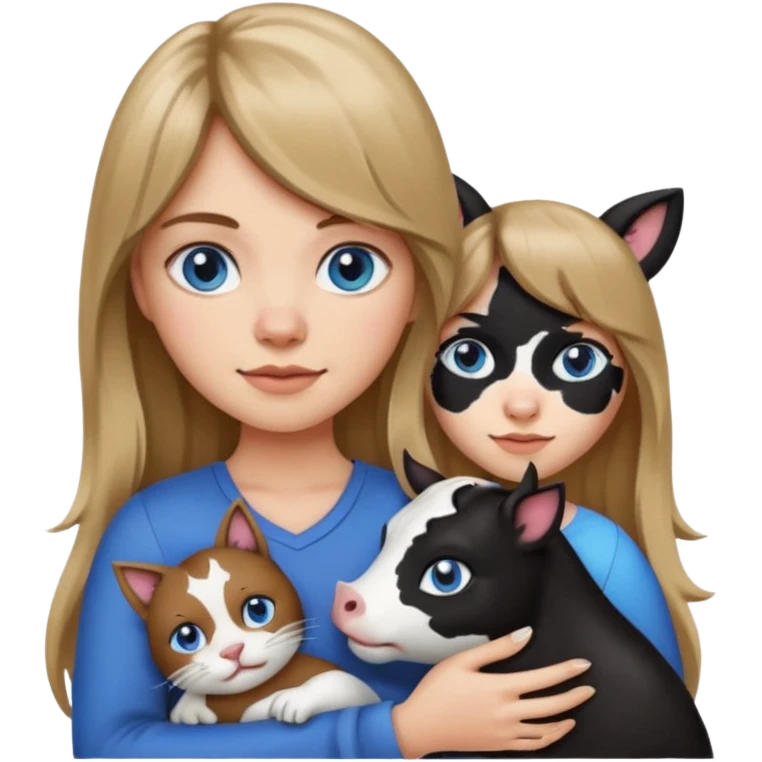 Apple-style emoji sticker of a young woman with long dark blond hair and bang, blue eyes , holding a cat black and white like a cow patch on her chest.  emoji